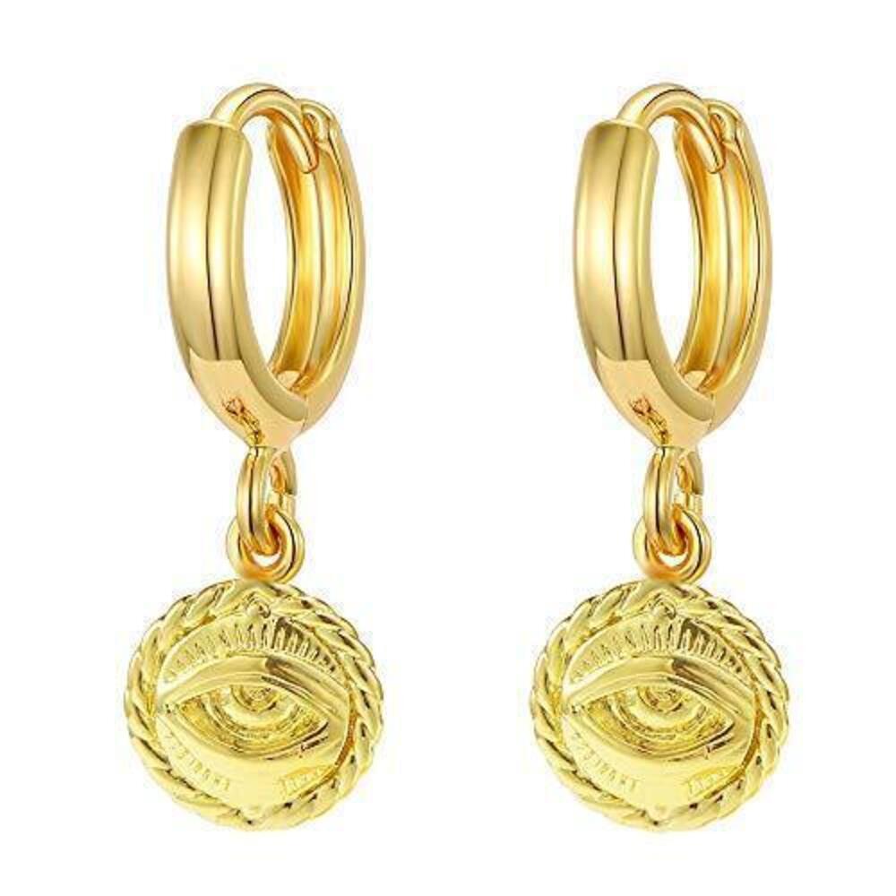 1447 Evil Eye Dangle Drop Hoop Earrings With Small Charm 18K Gold Plated